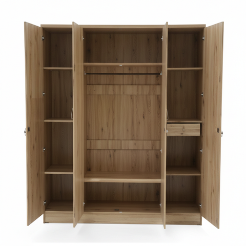 Four Door Oak Wooden Wardrobe IH-7748 Open Interior View – Premium Storage Cabinet UAE Delivery