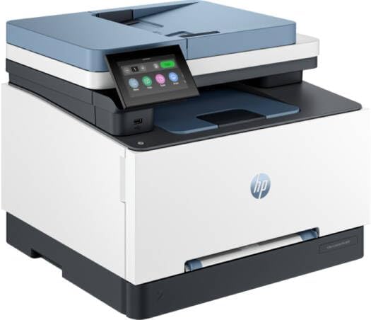 HP Color LaserJet Pro MFP 3303fdn three-quarter angle view showing ADF and colour touchscreen – buy office printer Dubai UAE