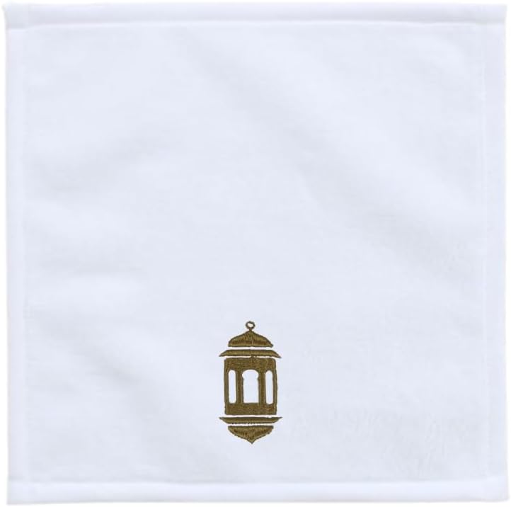 INFINI HOMES Iris Embroidered Face Towel 33x33cm 600 GSM White 100% Cotton Ramadan Lantern Moonlit Design Gold Thread