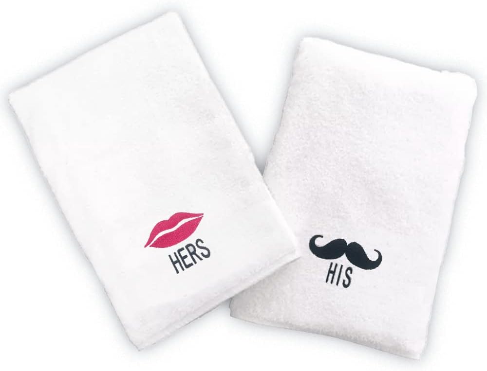 INFINI HOMES Luxury Personalized Hand Towel Set - Her Lips & His Mustache Embroidered White Cotton Towels 50x80cm Dubai Abu Dhabi UAE