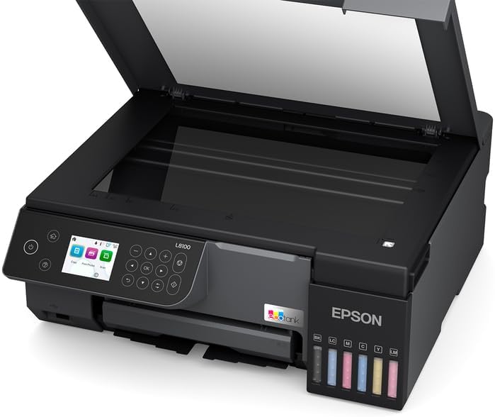 Epson EcoTank L8100 inkjet printer top view showing open flatbed scanner and 6-colour refillable ink tanks – buy in Dubai UAE