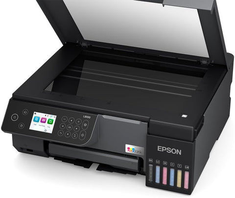 Epson EcoTank L8100 inkjet printer top view showing open flatbed scanner and 6-colour refillable ink tanks – buy in Dubai UAE