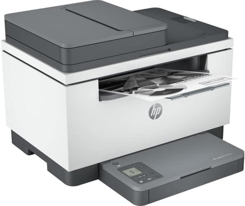 HP LaserJet MFP M236SDN compact multifunction printer angled view showing ADF scanner and paper output – UAE office printer