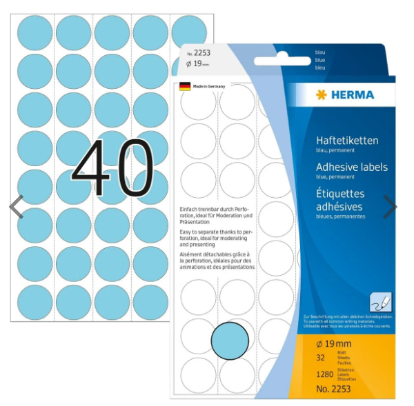 Herma Office Pack Color Dots, perforated sheets, 19 mm, 1280/pack, Blue