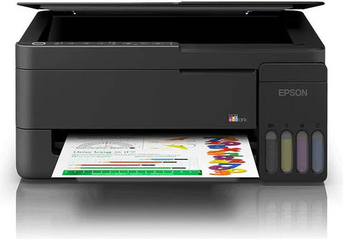 Epson EcoTank L3350 wireless printer printing colorful documents with visible ink tanks – available in UAE
