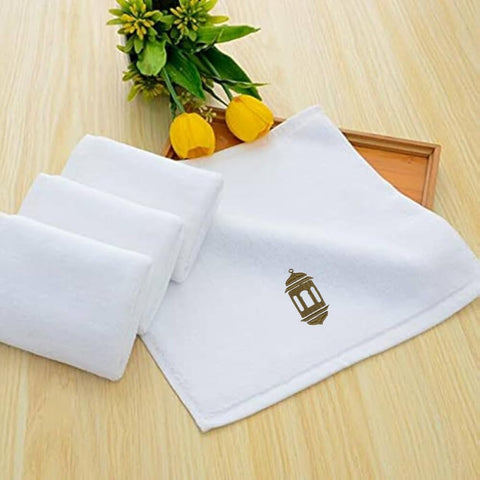 INFINI HOMES Iris Embroidered Face Towel 33x33cm 600 GSM White 100% Cotton Ramadan Lantern Moonlit Design Gold Thread