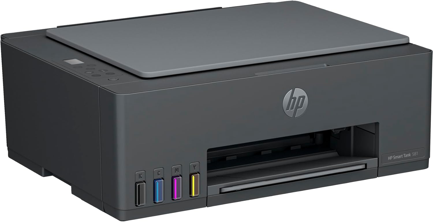 HP Smart Tank 581 Wireless All-in-One Printer angled view with CMYK ink tanks and paper tray – buy in UAE
