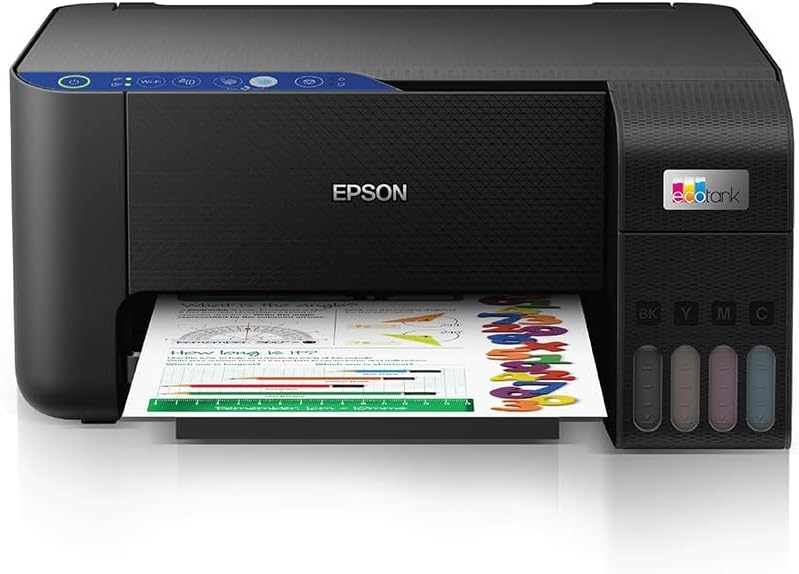 Epson EcoTank L3251 All-in-One Inkjet Printer with WiFi – Black, front view showing ink tank system and color print output, available in UAE