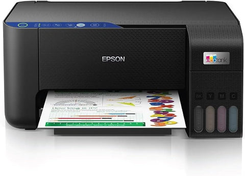 Epson EcoTank L3251 All-in-One Inkjet Printer with WiFi – Black, front view showing ink tank system and color print output, available in UAE