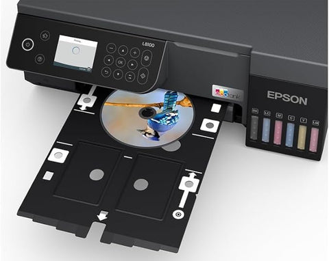 Epson EcoTank L8100 CD DVD printing tray with printed disc – versatile media printer for home office use in UAE