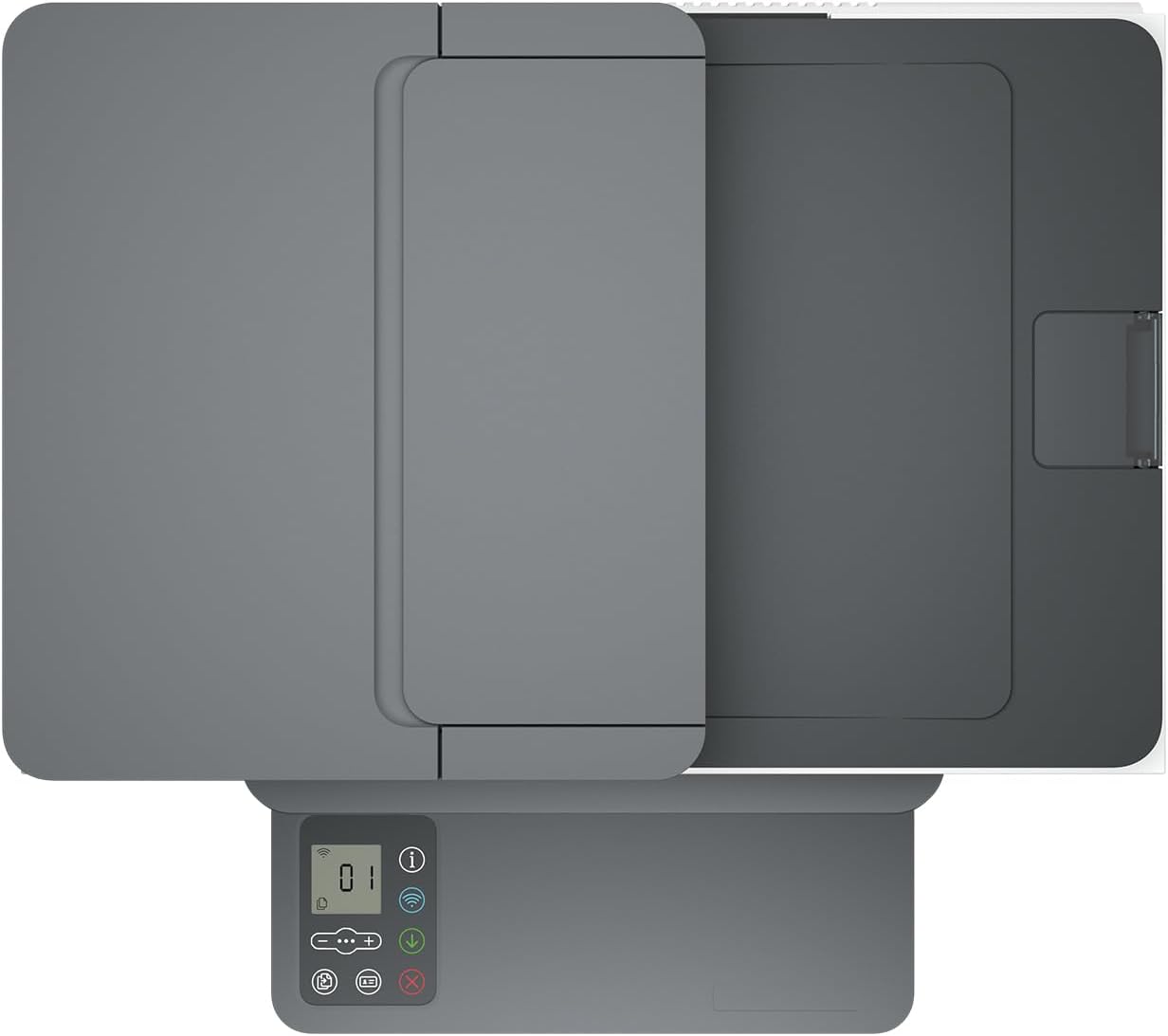 HP LaserJet MFP M236D top view showing flatbed scanner lid and control panel – compact office printer UAE