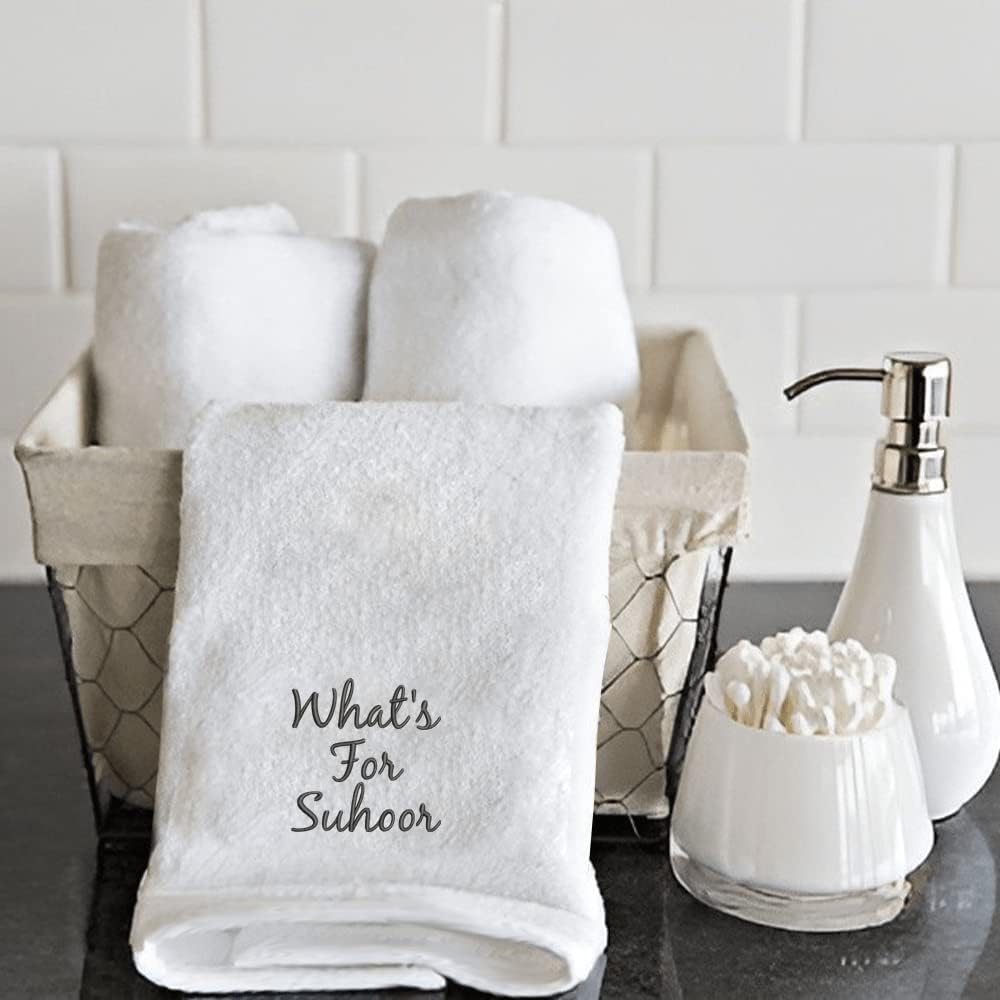 INFINI HOMES Embroidered Ramadan Hand Towel - Premium Cotton Kitchen Towel 600 GSM (What's for Suhoor, White)