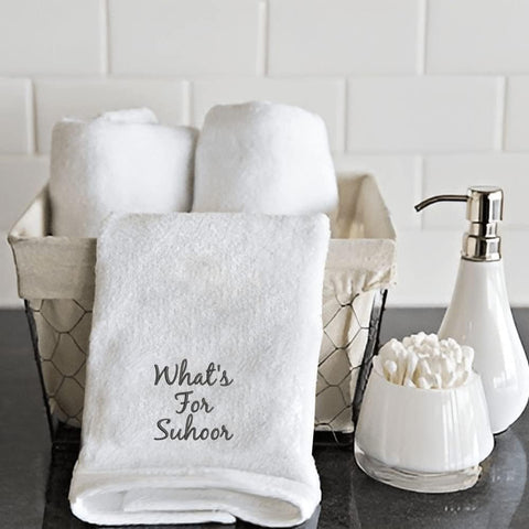 INFINI HOMES Embroidered Ramadan Hand Towel - Premium Cotton Kitchen Towel 600 GSM (What's for Suhoor, White)