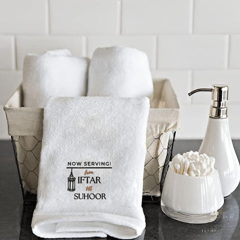 INFINI HOMES Ramadan Hand Towel - Premium Embroidered Kitchen Towel UAE | Now Serving Iftar to Suhoor