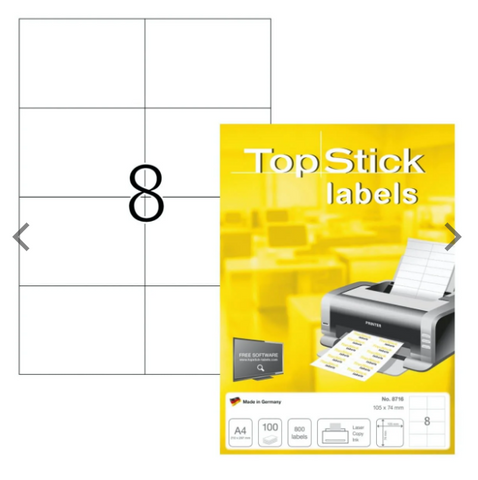 TopStick Labels UAE - 8 Labels/Sheet Sharp Corners 105x74mm - Dubai Abu Dhabi Delivery