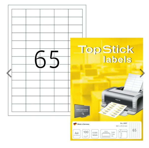 TopStick Labels UAE - 65 Labels/Sheet Sharp Corners 38.1x21.2mm - Dubai Abu Dhabi Sharjah Delivery