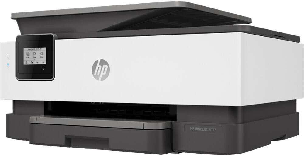 HP OfficeJet 8013 All-in-One Printer angled side view showing compact design and paper tray – available in UAE