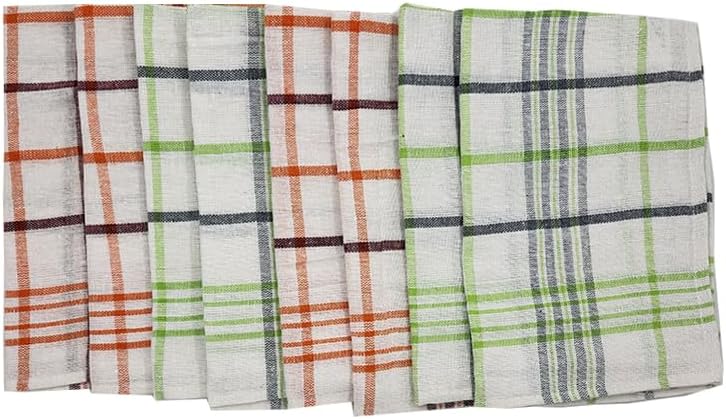 INFINI HOMES Premium Tea Towel Set - Orchard Green & Orange Multi Checks (50x70cm) - Set of 8