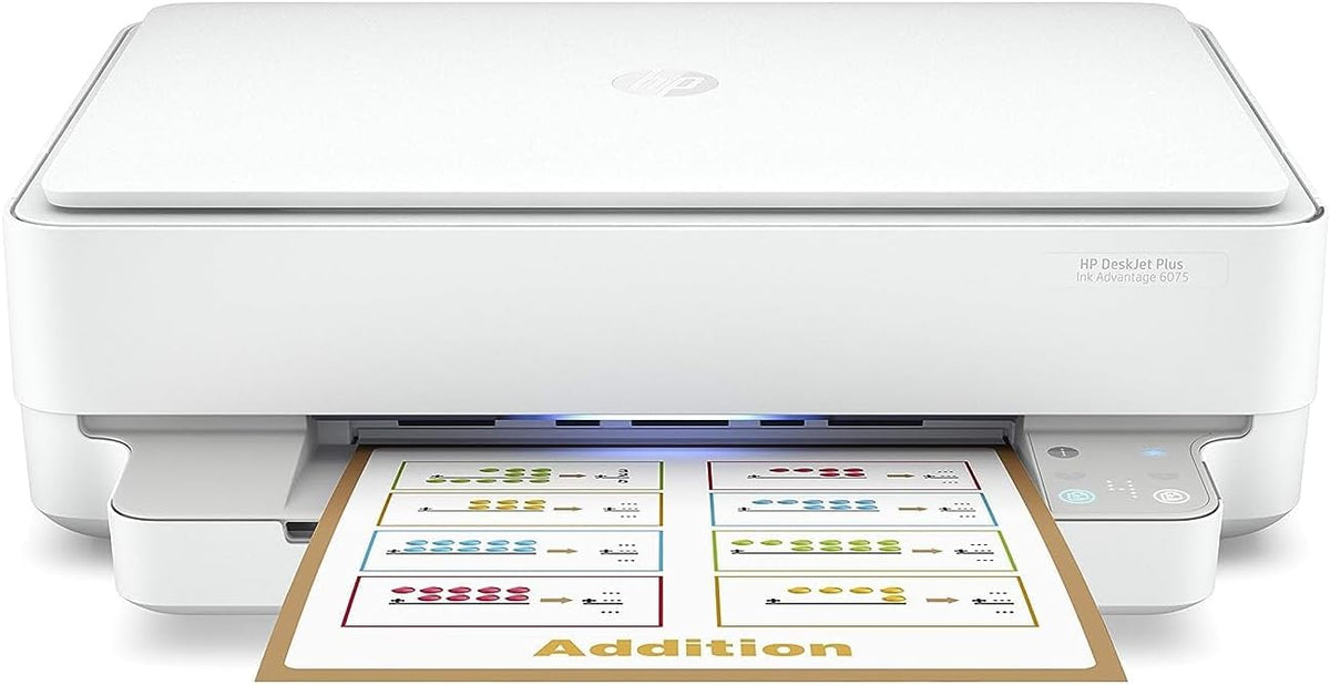 HP DeskJet Plus Ink Advantage 6075 All-in-One Printer front view printing colorful worksheet – buy printer in UAE