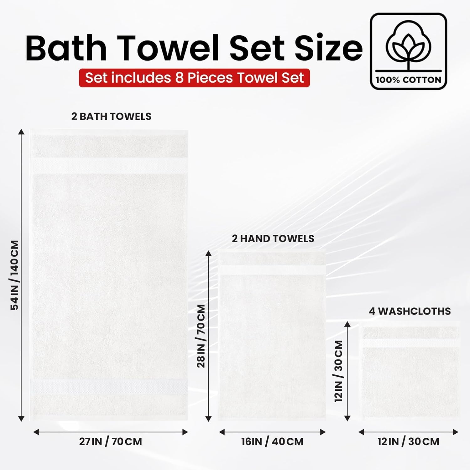 Infini Homes Premium Cotton Bath Towel Set – 8-Piece Luxury 100% Absorbent Towels for Bathroom, Spa & Hotel Use – Includes 2 Bath Towels, 2 Hand Towels & 4 Washcloths – Brilliant White – UAE Home Essentials