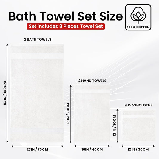 Infini Homes Premium Cotton Bath Towel Set – 8-Piece Luxury 100% Absorbent Towels for Bathroom, Spa & Hotel Use – Includes 2 Bath Towels, 2 Hand Towels & 4 Washcloths – Brilliant White – UAE Home Essentials