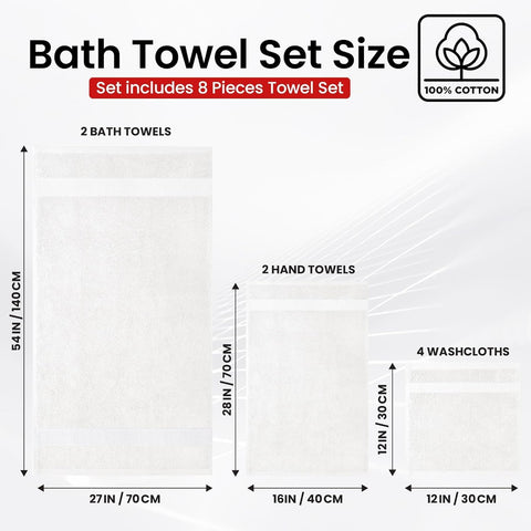 Infini Homes Premium Cotton Bath Towel Set – 8-Piece Luxury 100% Absorbent Towels for Bathroom, Spa & Hotel Use – Includes 2 Bath Towels, 2 Hand Towels & 4 Washcloths – Brilliant White – UAE Home Essentials
