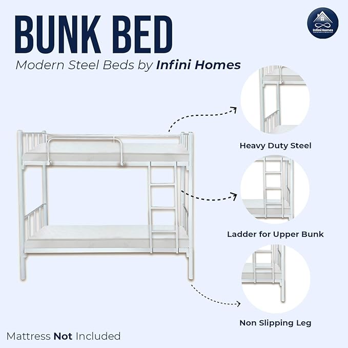 Premium Steel Metal Bunk Bed Dubai UAE | Double Grey Bunk Bed with Mattress & Ladder | INFINI HOMES