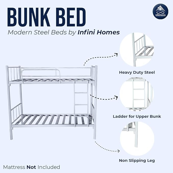 Premium Steel Metal Bunk Bed Dubai UAE | Double Grey Bunk Bed 190x90x175cm | Free Delivery Across UAE