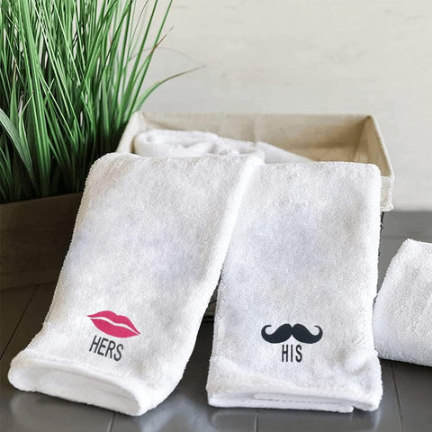 INFINI HOMES Luxury Personalized Hand Towel Set - Her Lips & His Mustache Embroidered White Cotton Towels 50x80cm Dubai Abu Dhabi UAE