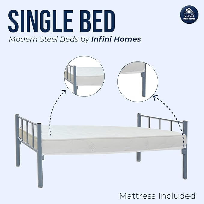 Heavy Duty Steel Single Bed with Medicated Mattress - UAE Wide Delivery | INFINI HOMES