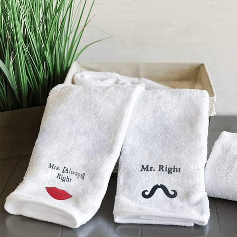 INFINI HOMES Luxury Embroidered Hand Towel Set - Mrs Always Right & Mr Right - Premium 600 GSM Cotton Bath Linen UAE