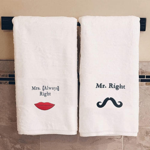 INFINI HOMES Luxury Mr. Right & Mrs. Always Right Embroidered Bath Towel Set - Premium 600 GSM Cotton Towels UAE