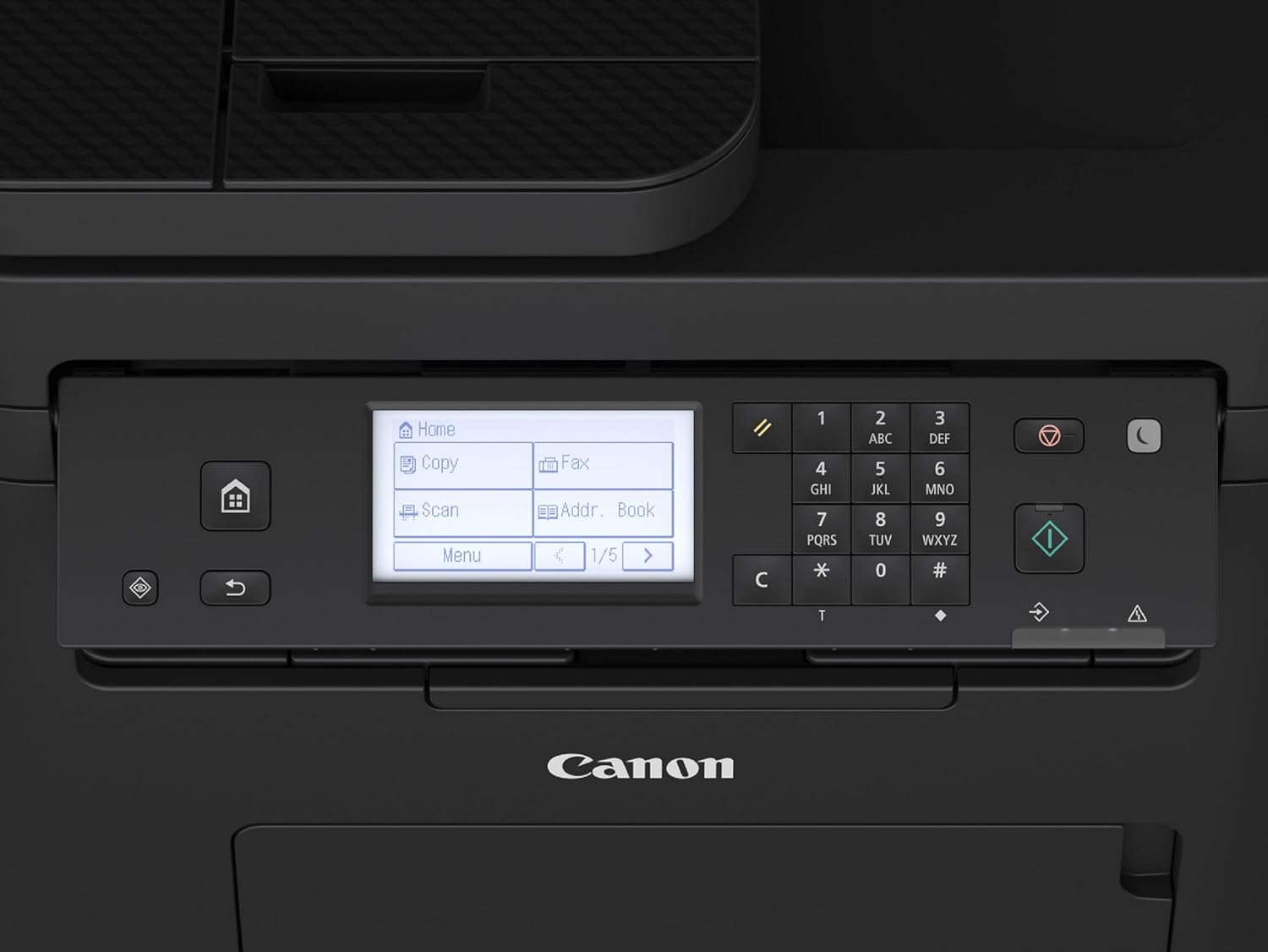 Canon i-SENSYS MF275dw control panel close-up showing LCD screen, copy, scan, fax and menu functions – UAE