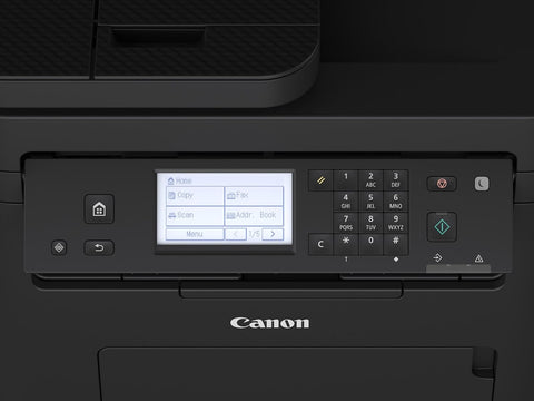 Canon i-SENSYS MF275dw control panel close-up showing LCD screen, copy, scan, fax and menu functions – UAE