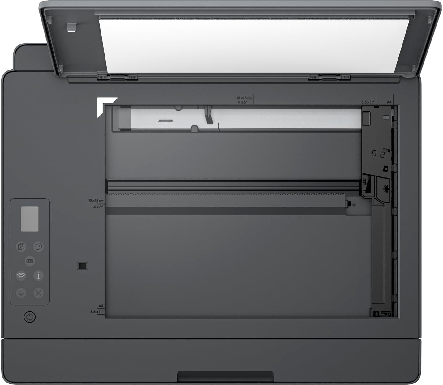HP Smart Tank 581 Printer open scanner flatbed top view showing paper guides and control panel – UAE
