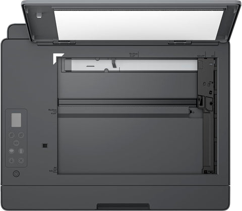 HP Smart Tank 581 Printer open scanner flatbed top view showing paper guides and control panel – UAE