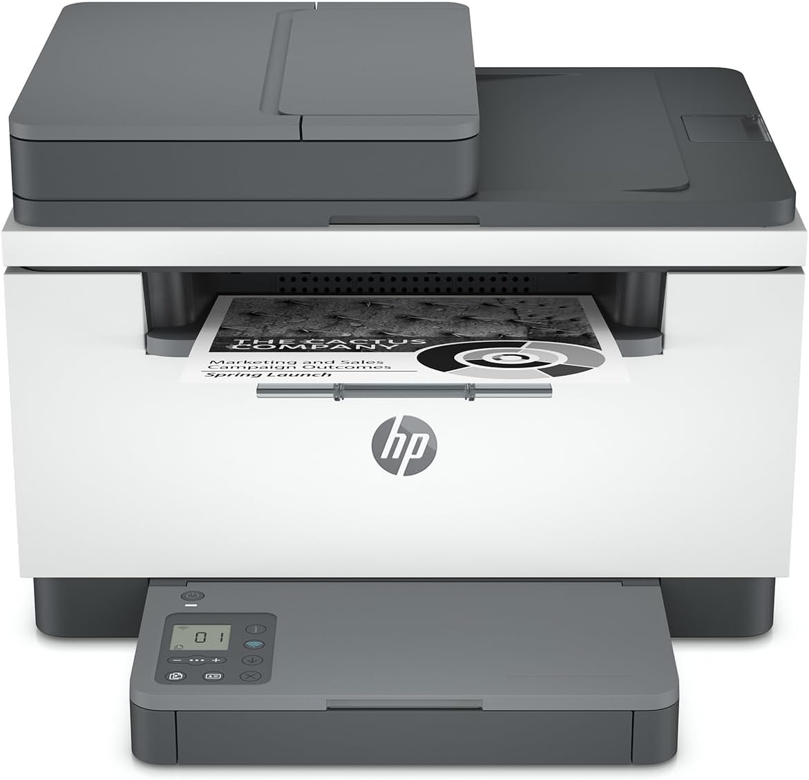HP LaserJet MFP M236D compact all-in-one laser printer front view printing document – available in UAE