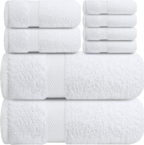 Infini Homes Premium Cotton Bath Towel Set – 8-Piece Luxury 100% Absorbent Towels for Bathroom, Spa & Hotel Use – Includes 2 Bath Towels, 2 Hand Towels & 4 Washcloths – Brilliant White – UAE Home Essentials