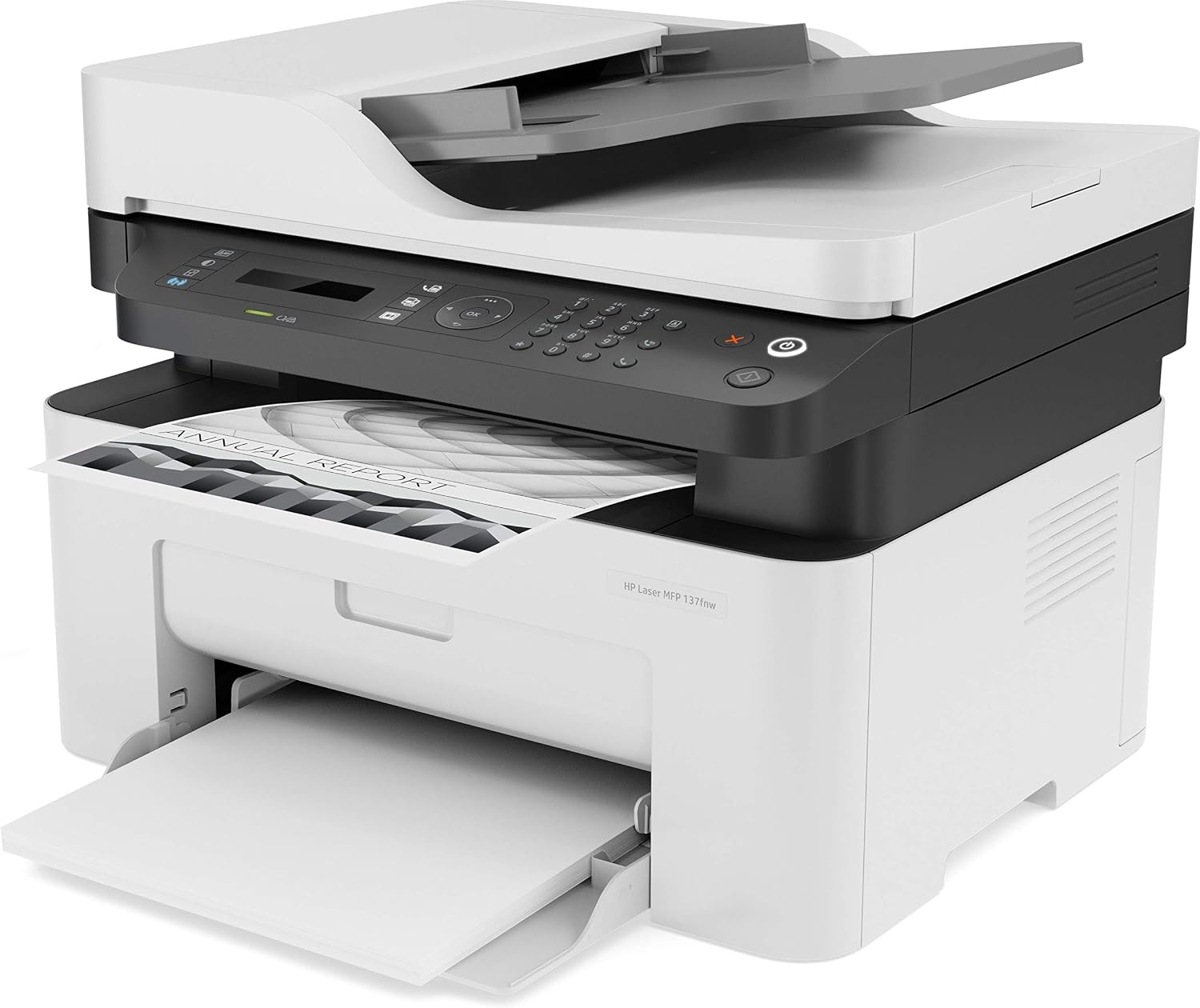 HP LaserJet MFP M137fnw printing documents with open output tray – office printer UAE