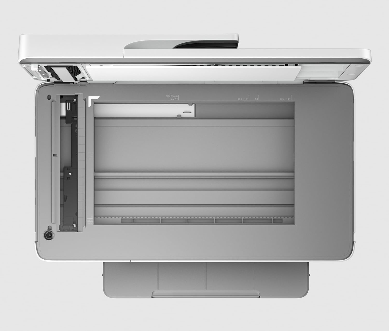 HP OfficeJet Pro 9720 wide format flatbed scanner bed open top view, A3 all-in-one printer UAE