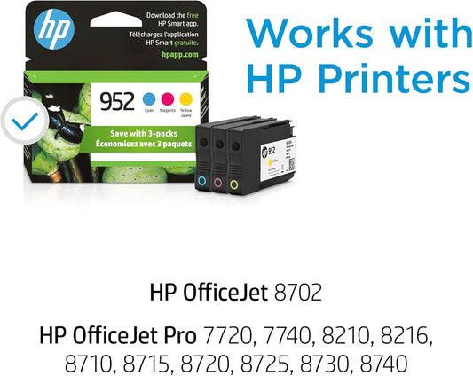 HP 952 Original Ink Cartridges 3-Pack (Cyan, Magenta, Yellow) | UAE | Compatible with OfficeJet Pro 8710, 8720, 8730, 8740 | N9K27AN