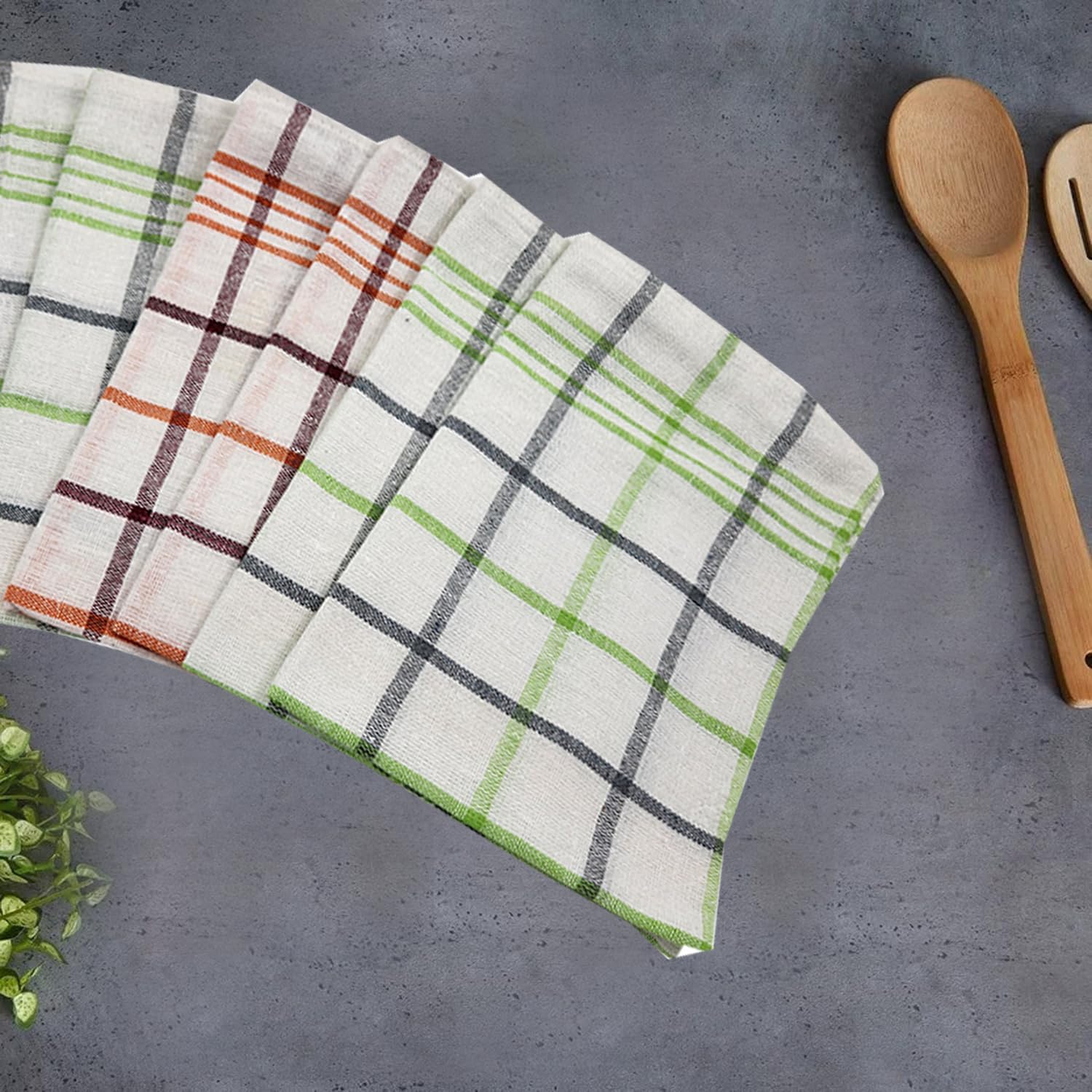 INFINI HOMES Premium Tea Towel Set - Orchard Green & Orange Multi Checks (50x70cm) - Pack of 6