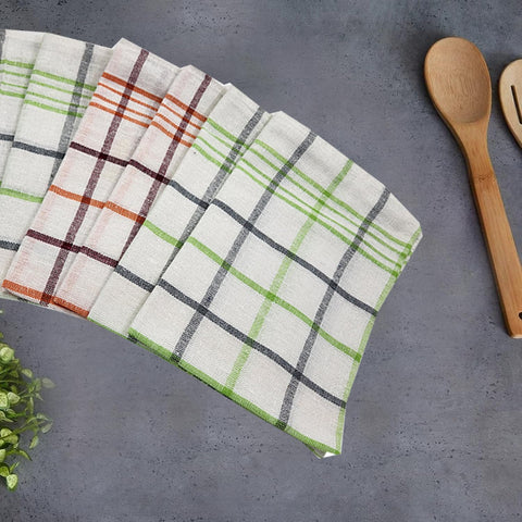 INFINI HOMES Premium Tea Towel Set - Orchard Green & Orange Multi Checks (50x70cm) - Pack of 6