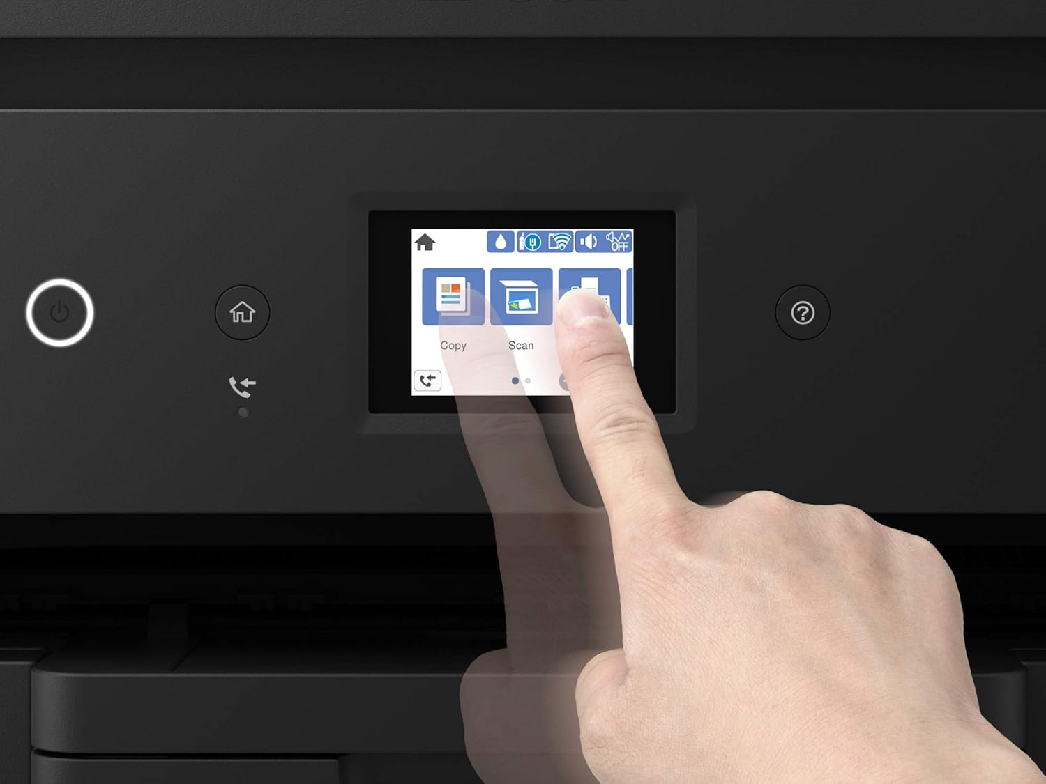 Epson EcoTank L14150 touchscreen LCD control panel showing Copy and Scan functions – A3 printer UAE