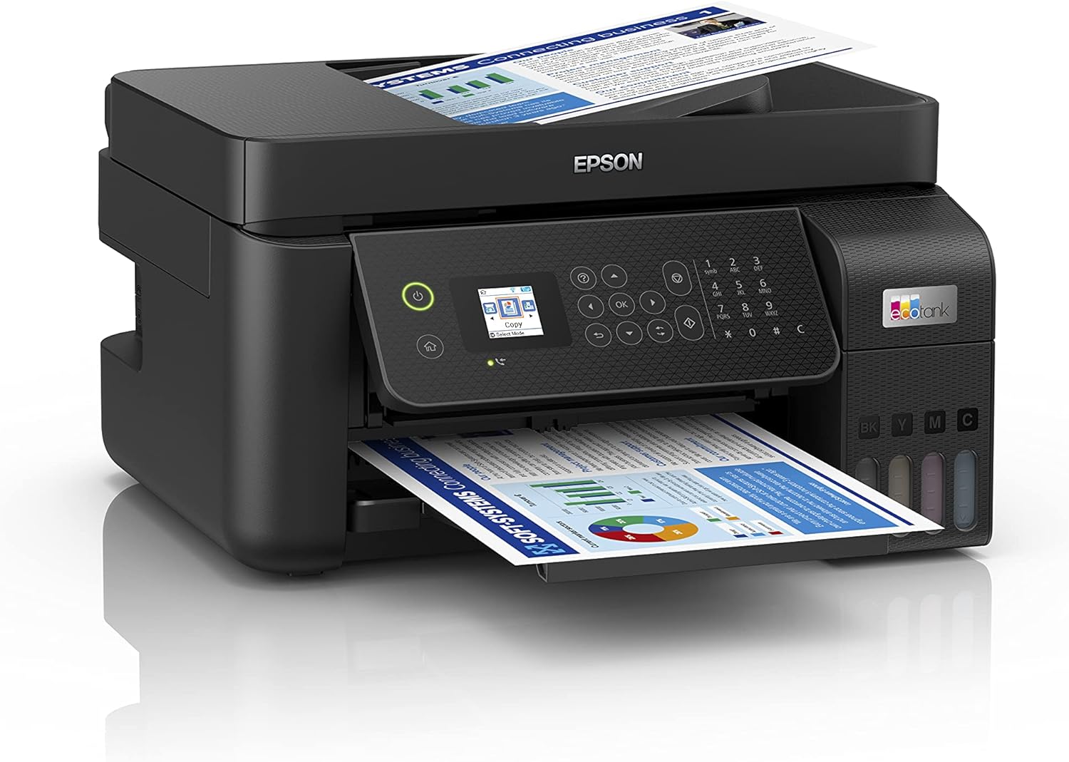 Epson EcoTank L5290 Wi-Fi printer angled view showing ADF and ink tank system for home and office use in UAE