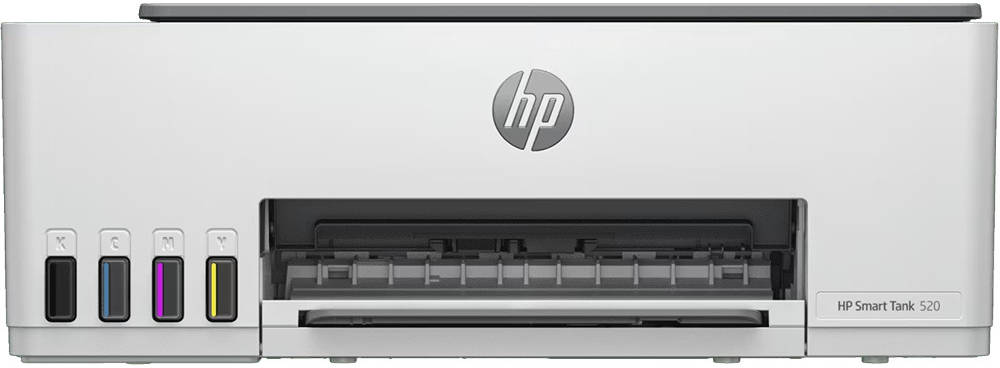 HP Smart Tank 520 All-In-One Printer front view with open paper tray and CMYK ink tank system – buy online in Dubai, Abu Dhabi, Sharjah UAE