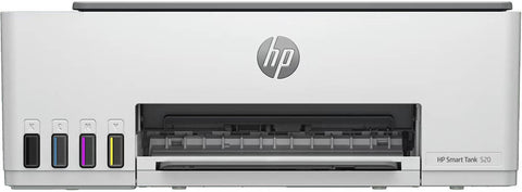HP Smart Tank 520 All-In-One Printer front view with open paper tray and CMYK ink tank system – buy online in Dubai, Abu Dhabi, Sharjah UAE