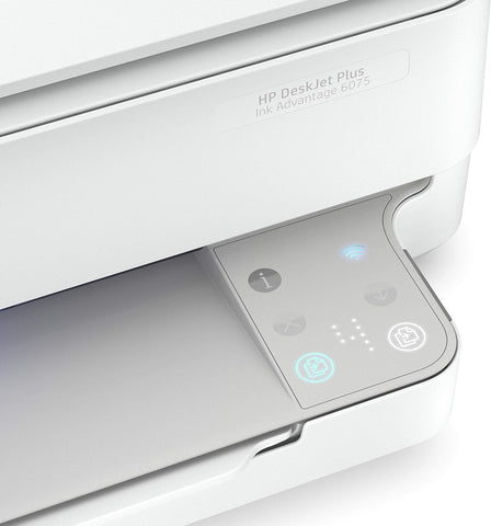 HP DeskJet Plus Ink Advantage 6075 control panel close-up with wireless and scan buttons – printer UAE