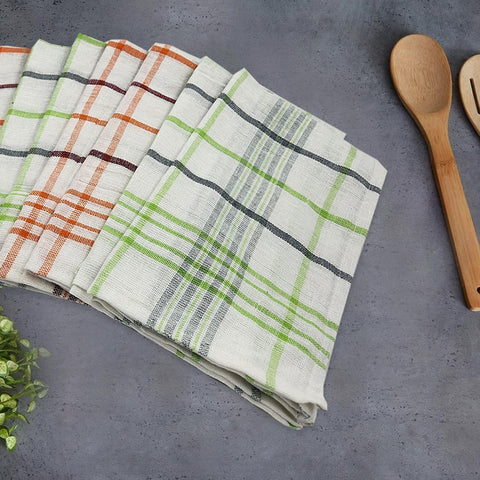 INFINI HOMES Premium Tea Towel Set - Orchard Green & Orange Multi Checks (50x70cm) - Set of 8