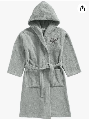 BYFT Daffodil Monogrammed Kids Bathrobe (125 x 133 Cm) 12 Year Grey Hooded Terry Cotton Set of 01 - Letter "W"